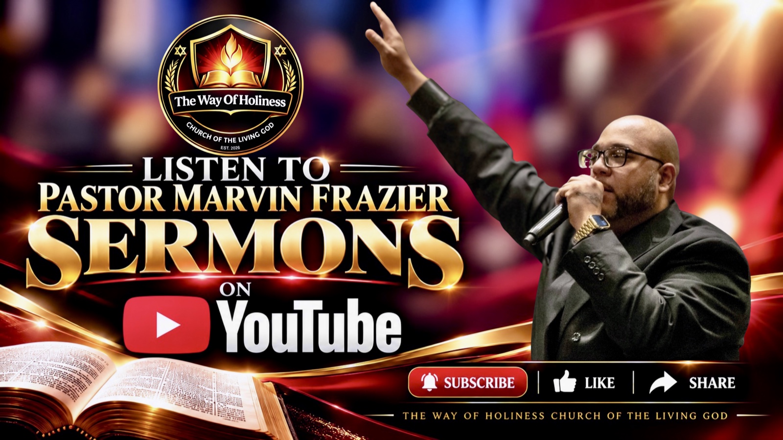 Pastor Marvin Frazier preaching beside the church logo and the words ‘Listen to Pastor Marvin Frazier sermons on YouTube.’